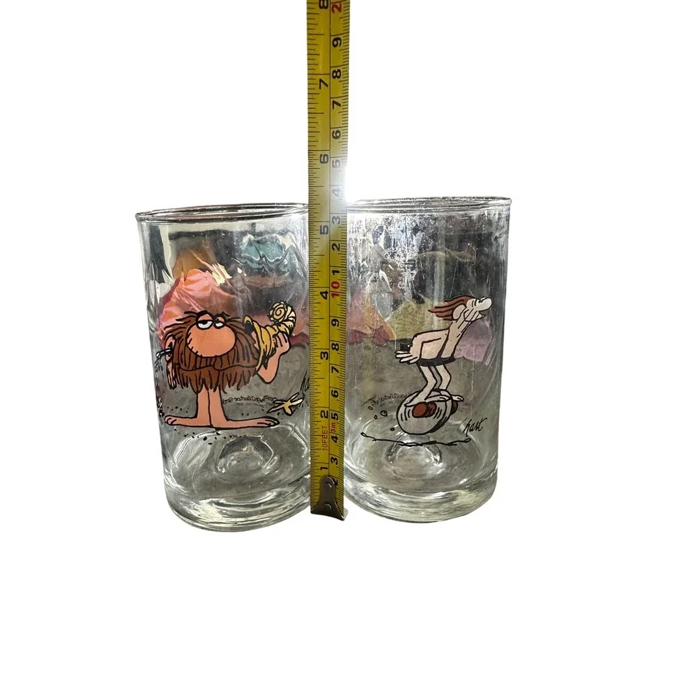 Vintage BC Comic Johnny Hart Drinking Glasses Set of 2 Caveman Barware 5 Inch